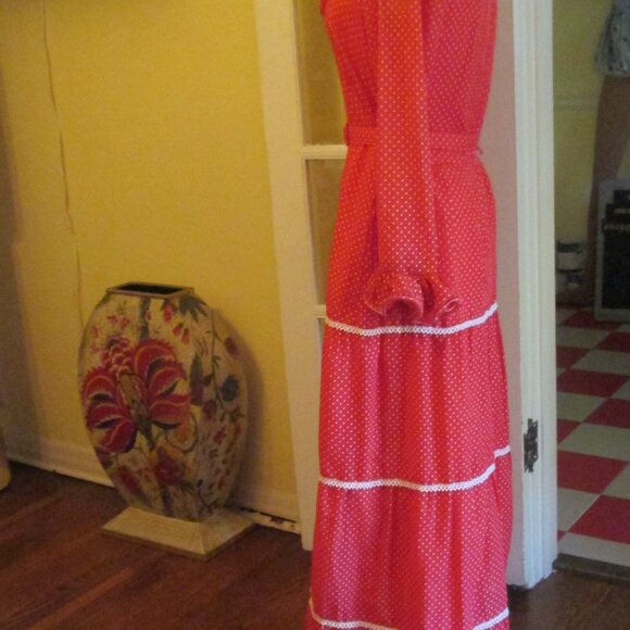 70s Red White Swiss Dot Maxi Dress Cottagecore SO CUTE - Picture 7 of 10